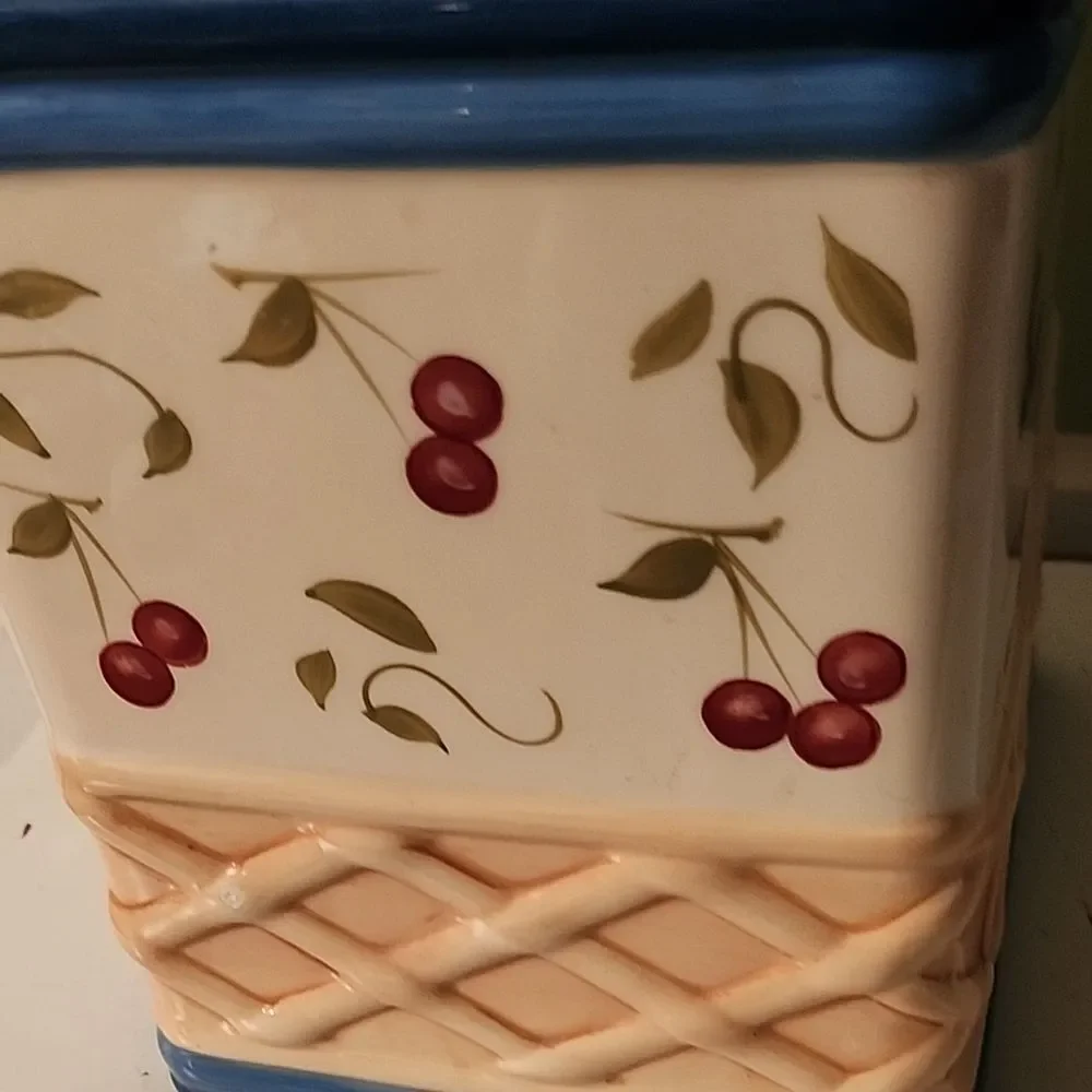 Cherry Pattern Ceramic Canister with Blue Accents
